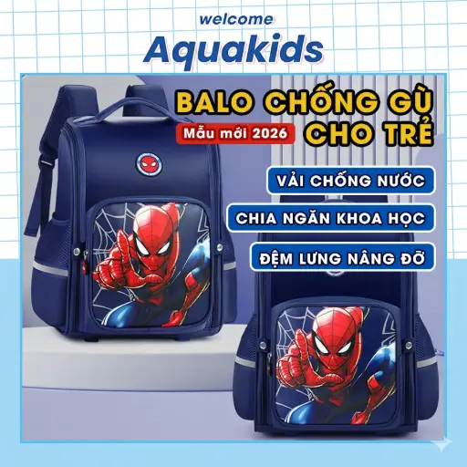 Balo chống gù cao cấp Spiderman người nhện cho bé trai tiểu học (Lớp 1-6) chống nước siêu nhẹ AquaKids