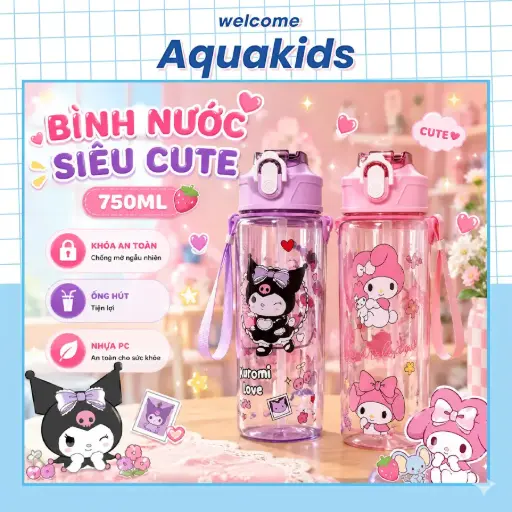 Bình Nước Kuromi 800ml - Ống Hút BPA-Free - Trong Suốt AquaKids